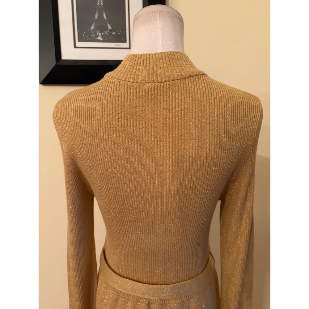 Free People French Girl Gold Lurex Ribbed Knit Mock Neck Belted Dress Medium - Picture 8 of 8